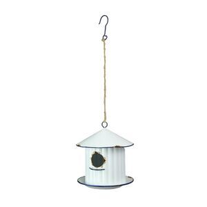 Weathered White Silo Design Hanging Metal Birdhouse With Blue Trim